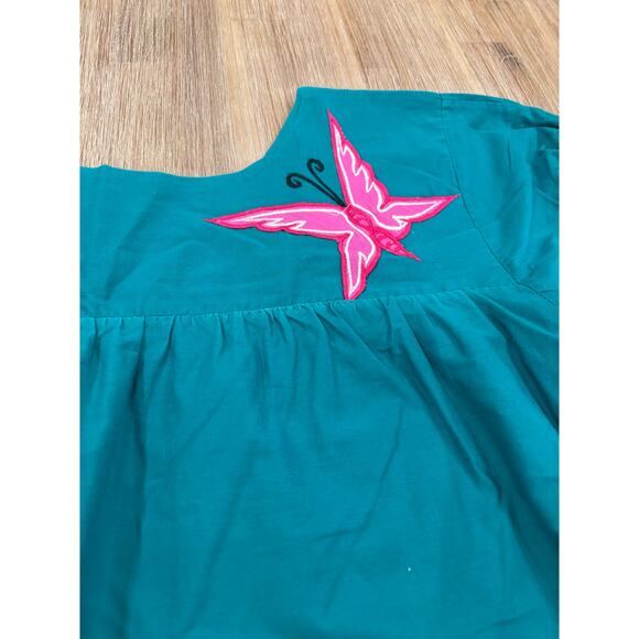 VINTAGE EMBROIDERED UNIQUE DRESS COLORFUL WITH BUTTERFLY BIRD CLOUDS LINEN - Picture 3 of 7